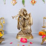 Brass Lord Radha Krishna Murti Statue Playing Flute Idol for Home Decor