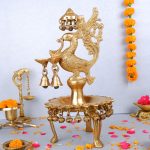Brass Stand Deepak - Fully Decorated Peacock and bells