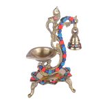 Brass Stone Peacock Diya for Puja Traditional Oil Lamp with Bell Diwali Decorative 2 DSCF6581 eMetalCrafts