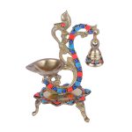 Brass Stone Peacock Diya for Puja Traditional Oil Lamp with Bell Diwali Decorative 3 DSCF6582 eMetalCrafts