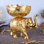 Gold Oxodise Aluminium Metal Elephant With Bowl 